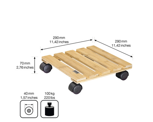 Rolluntersetzer aus Bambus mit den Maßen 290 x 290 Millimeter und einer Traglast bis zu 100 Kilogramm