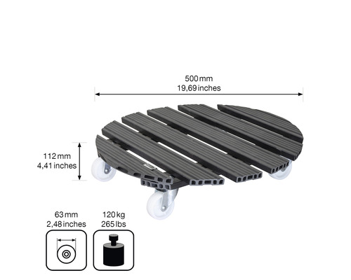 Pflanzenroller aus Kunststoff mit Rollen und Maßangaben