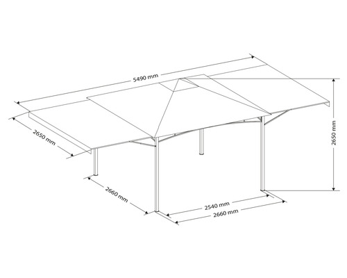 Technische Zeichnung eines Pavillons mit Maßangaben.