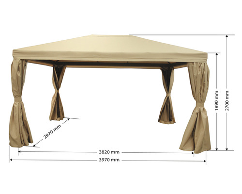 Pavillon mit Vorhängen und Maßangaben