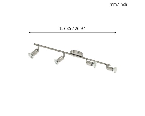 Deckenleuchte mit vier Strahlern und Maßangabe