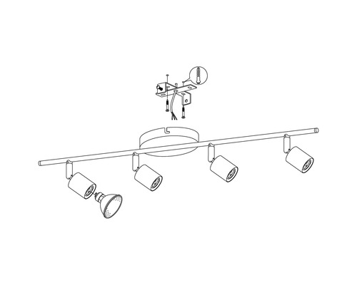 Deckenleuchte mit vier Strahlern und Montageanleitung