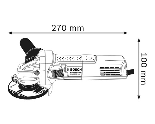 Technische Zeichnung eines Winkelschleifers mit den Maßen 270 mm Länge und 100 mm Höhe.
