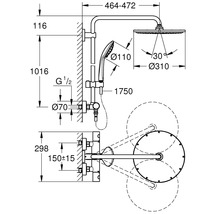 Technische Zeichnung eines Duschsystems mit Maßangaben