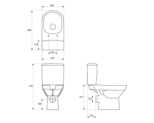 Technische Zeichnung eines Stand WCs mit Maßangaben