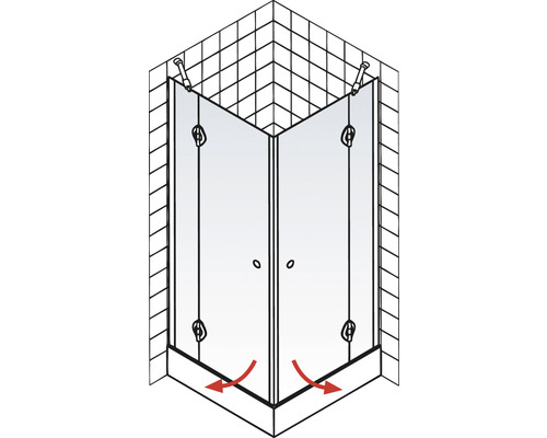 Eckdusche mit zwei Türen und Wasserablauf auf dem Boden