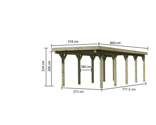 Abbildung eines Holzcarports mit Maßangaben.