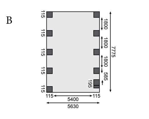 Diagramm mit Maßangaben für ein rechteckiges Objekt mit Stützen