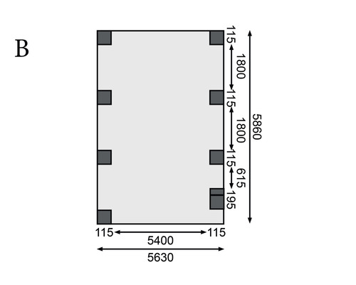 Abmessungen einer rechteckigen Gartenhütte mit Maßangaben in Millimetern
