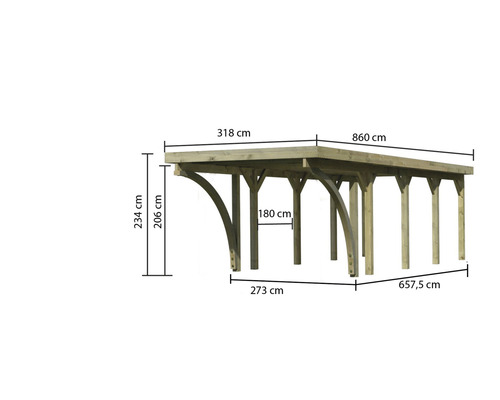 Abmessungen einer Holzpergola mit den Massangaben 318 Zentimeter, 860 Zentimeter, 234 Zentimeter, 206 Zentimeter, 180 Zentimeter, 273 Zentimeter und 657,5 Zentimeter.