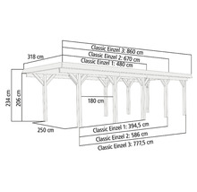 Technische Zeichnung eines Carports mit Maßangaben