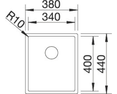 Technische Zeichnung einer Spüle mit den Maßen 380, 340, 400 und 440.
