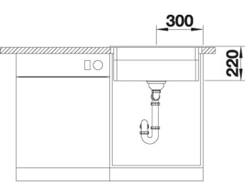 Skizze eines Spülbeckens mit den Maßen 300 mal 220 Millimeter