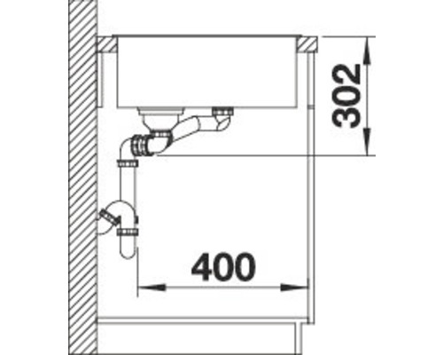 Zeichnung einer Spüle mit Abmessungen 302 und 400 mm.