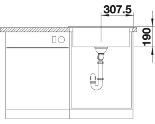Zeichnung einer Küchenspüle mit Abmessungen