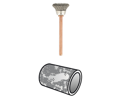 Drahtbürste mit Schaft und Darstellung einer gereinigten Oberfläche