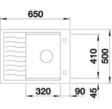 Zeichnung einer Spüle mit den Maßen 650 x 500 Millimeter.
