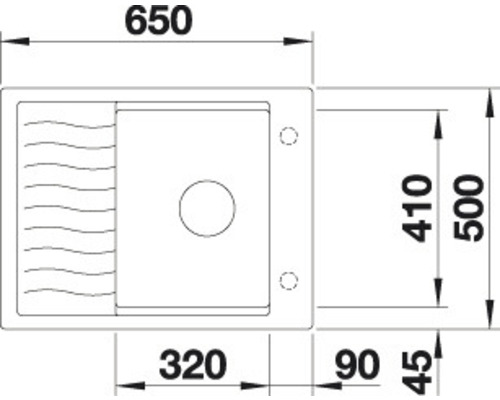 Zeichnung einer Spüle mit den Maßen 650 x 500 Millimeter.