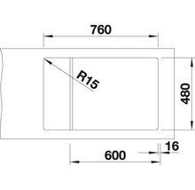 Zeichnung einer Spüle mit den Maßen 760, 600 und 480 mm.