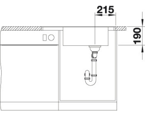 Technische Zeichnung eines Spülbeckens mit Maßangaben für die Installation