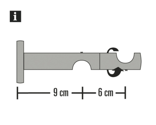 Illustration eines Gardinenstangenhalters mit den Maßen 9 Zentimeter und 6 Zentimeter.