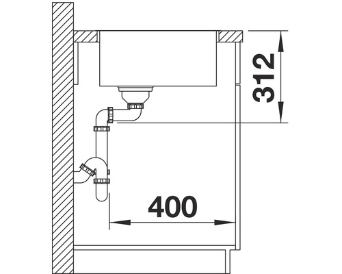 Skizze eines Spültischs mit Maßangaben für Installationsdetails