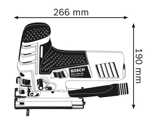 Abbildung der Stichsäge mit Maßangaben 266 mm Breite und 190 mm Höhe