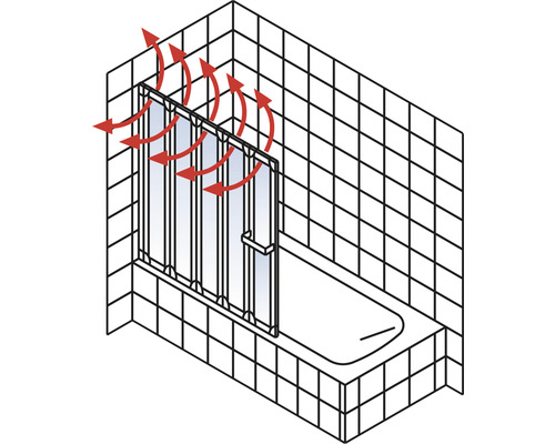 Badezimmer mit Badewanne und Duschabtrennung mit Belüftungspfeilen