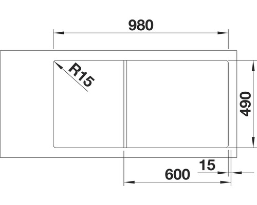 Zeichnung einer Spüle mit den Maßen 980 x 490 mm