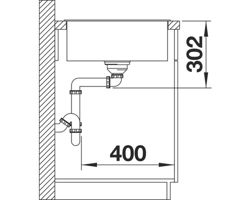 Skizze einer Spüle mit Abmessungen von 302 und 400 Millimetern