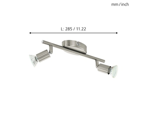 Deckenleuchte mit zwei Strahlern und Maßangabe