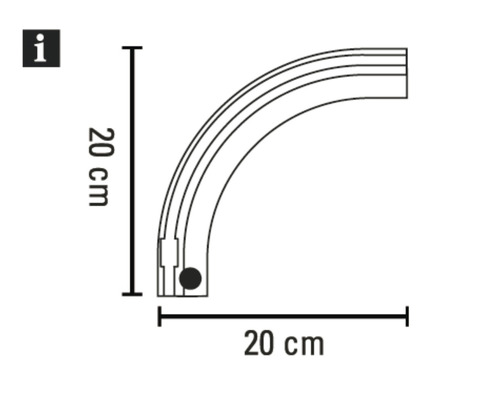 Technische Zeichnung eines Viertelkreis-Profils mit den Maßen 20 mal 20 Zentimeter.