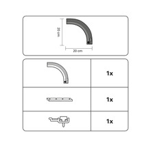 Abbildung eines Gardinenstangenzubehörsets, bestehend aus einem gebogenen Element (20 cm), einer Montageplatte und einem Befestigungselement.