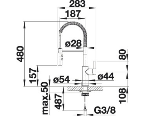 Maßzeichnung einer Küchenarmatur mit den Maßen 283, 187, 480, 157, maximal 50, 487, 108, 80, Durchmesser 28, Durchmesser 54, Durchmesser 44 und G3/8
