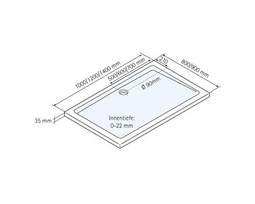 Technische Zeichnung einer Duschwanne mit Maßangaben