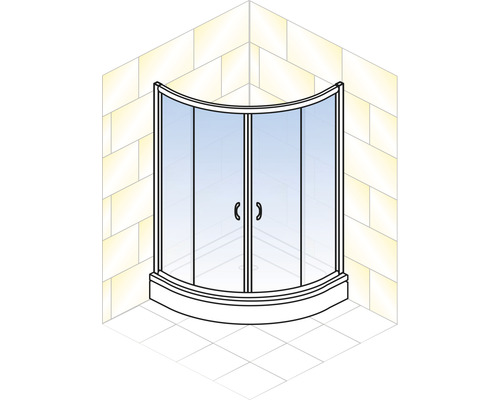 Eckdusche mit abgerundeten Glaswänden und zwei Griffen