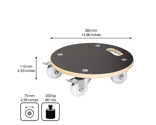 Rundes Rollbrett mit Griff und Abmessungsangaben.