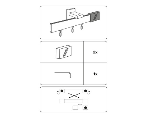 Abbildung einer Gardinenstange mit Zubehör und Montageanleitung