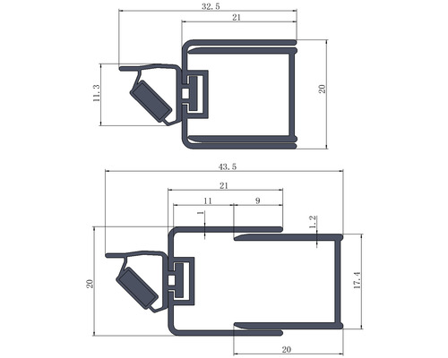 Technische Zeichnung eines Türdichtungsprofils mit Maßangaben
