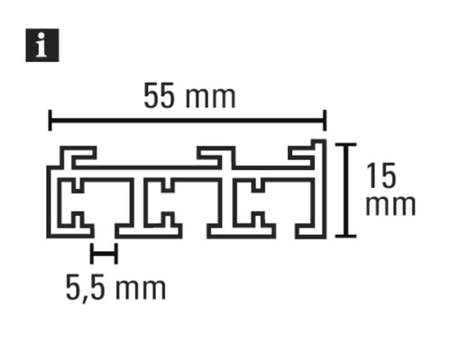 Technische Zeichnung eines Profils mit Maßangaben: 55 mm Breite, 15 mm Höhe und 5,5 mm Tiefe.