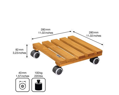 Pflanzenroller aus Holz mit Abmessungen und Traglastangabe