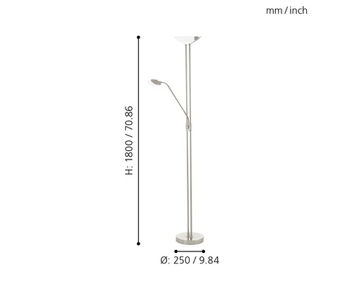 Stehlampe mit Leselampe und den Maßen 1800 x 250 Millimeter