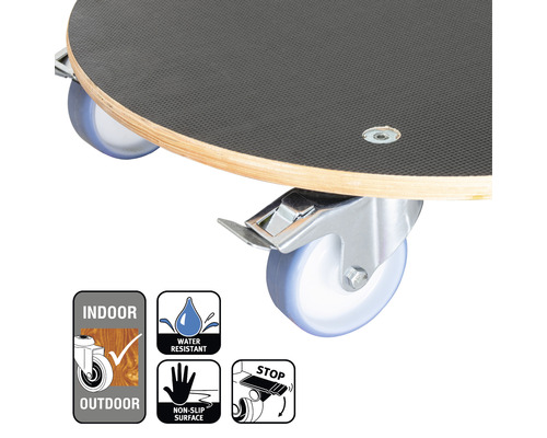 Rollbrett mit Rollen und Hinweisen zu Innen- und Außenbereich, Wasserbeständigkeit, Antirutschoberfläche sowie Stoppfunktion