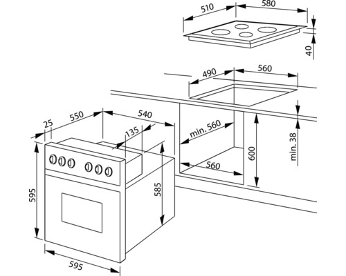 Technische Zeichnung eines Herdes mit Maßen für die Küchenplanung