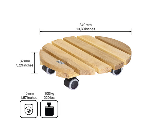Runder Pflanzenroller aus Holz mit Rollen und den Maßen 340 mm breit und 82 mm hoch