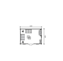 Grundriss eines Gartenhauses mit Möbeln, Abmessungen 420 mal 300 Zentimeter