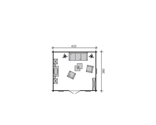 Grundrisszeichnung eines Gartenhauses mit Wohnbereich und den Maßen 420 mal 380 Zentimeter.