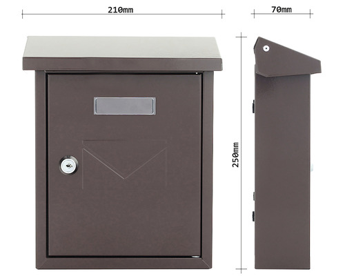 Briefkasten mit den Maßen 210 mm Breite, 250 mm Höhe und 70 mm Tiefe.