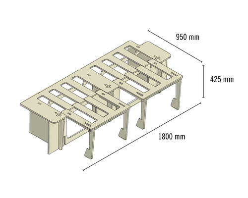 Darstellung eines Regalbett-Systems mit den Maßen 1800 mm Länge, 950 mm Breite und 425 mm Höhe