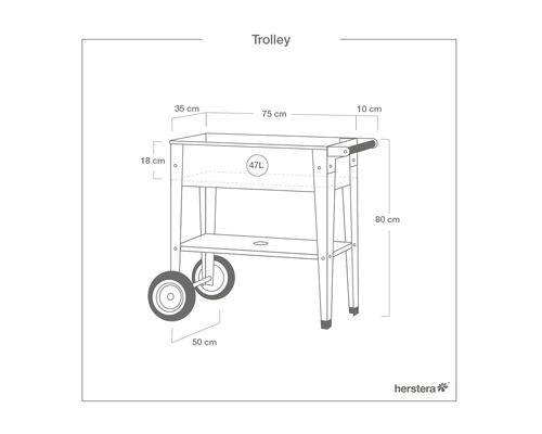 Technische Zeichnung eines Trolleys mit den Maßen 35 cm, 75 cm, 10 cm, 18 cm, 50 cm, 80 cm und 47 Liter Fassungsvermögen.